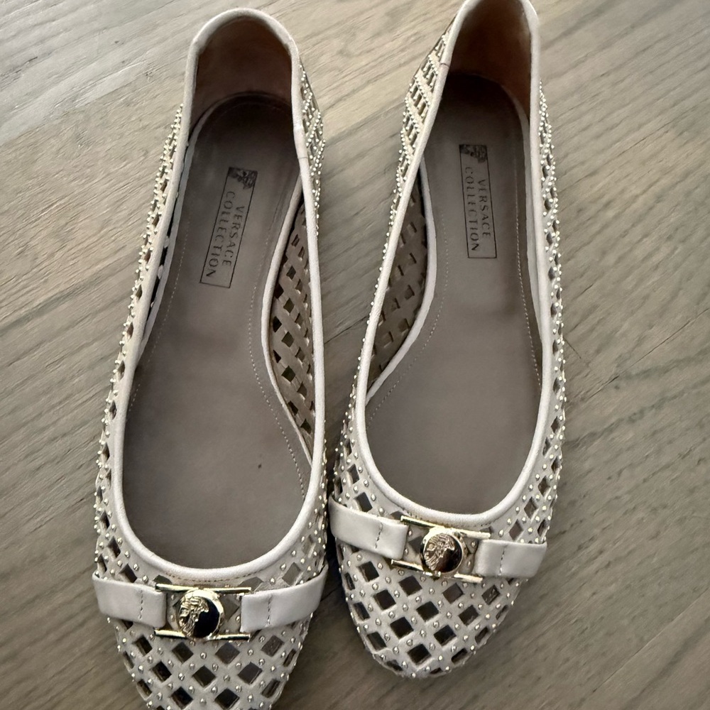 Versace Cream Cutout Flats with Gold Medusa Accent
